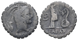 L. Roscius Fabatus, 59 BC. AR, Denarius. 3.39 g. 18.05 mm. Rome.
Obv: [L·ROSCI]. Head of Juno Sospita, right, wearing goat-skin.
Rev: FABATI. Female s...