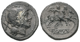 Anonymous, circa 211-208 BC. AR, Denarius. 3.89 g. 19.09 mm. Uncertain Italian mint. Obv: Head of Roma to right, wearing winged helmet, pendant earrin...