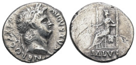 Nero, AD 54-68. AR, Denarius. 3.04 g. 18.33 mm. Rome.
Obv: IMP NERO CAESAR AVGVSTVS. Head of Nero, laureate, right.
Rev: SALVS. Salus, draped, seated ...