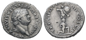 Titus, AD 79-81. AR, Denarius. 2.79 g. 18.98 mm. Rome.
Obv: IMP TITVS CAES VESPASIAN AVG P M. Head of Titus, laureate, right.
Rev: TR P VIIII IMP XIII...
