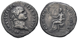 Vespasian, AD 69-79. AR, Denarius. 3.09 g. 19.34 mm. Rome.
Obv: IMP CAESAR VESPASIANVS AVG. Head of Vespasian, laureate, right.
Rev: PON MAX TR P COS ...