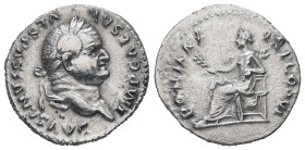 Vespasian, AD 69-79. AR, Denarius. 3.35 g. 19.24 mm. Rome.
Obv: IMP CAESAR VESPASIANVS AVG. Head of Vespasian, laureate, right.
Rev: PON MAX TR P COS ...