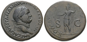 Vespasian, AD 69-79. AE, Sestertius. 25.44 g. 33.95 mm. Rome.
Obv: IMP CAES VESPASIAN AVG P M TR P P P COS III. Head of Vespasian, laureate, right.
Re...