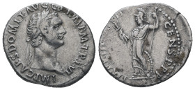 Domitian, AD 81-96. AR, Denarius. 3.22 g. 20.69 mm. Rome, January-13 September 87. Obv: IMP CAES DOMIT AVG GERM P M TR P VI. Laureate head of Domitian...
