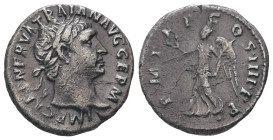 Trajan, 98-117 AD. AR, Denarius. 3.00 g. 18.43 mm. Rome.
Obv: IMP CAES NERVA TRAIAN AVG GERM. Head of Trajan, laureate, right.
Rev: P M TR P COS IIII ...