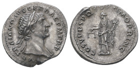 Trajan, AD. 98-117. AR Denarius. 3.23 g. 20.44 mm. Rome.
Obv: IMP TRAIANO AVG GER DAC P M TR P. Bust of Trajan, laureate, draped, right draped on left...