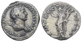 Trajan, AD 98-117. AR, Denarius. 2.92 g. 19.17 mm. Rome.
Obv: IMP CAES NER TRAIANO OPTIMO AVG GER DAC. Bust of Trajan, laureate, draped, right.
Rev: P...