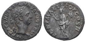 Trajan, AD 98-117. AR, Denarius. 3.12 g. 18.25 mm. February 98-autumn 99.
Obv: IMP CAES NERVA TRAIAN AVG GERM. Head of Trajan, laureate, right.
Rev: P...