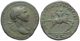 Trajan, AD 98-117. AE, Sestertius. 21.06 g. 33.56 mm. Rome, 103-111 AD.
Obv: IMP CAES NERVAE TRAIANO AVG GER DAC PM TR P COS V P P. Laureate bust of T...