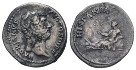 Hadrian, AD 117-138. AR, Denarius. 3.00 g. 18.20 mm. Rome.
Obv: HADRIANVS AVG COS III P P. Head of Hadrian, right.
Rev: HISPANIA. Hispania reclining...