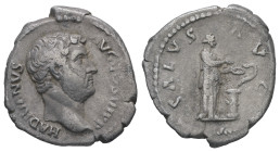 Hadrian, AD 117-138. AR, Denarius. 3.00 g. 19.21 mm. Rome.
Obv: HADRIANVS AVG COS III P P. Head of Hadrian, right.
Rev: SALVS AVG. Salus standing righ...