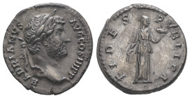 Hadrian, 117-138 AD. AR, Denarius. 3.07 g. 17.54 mm. Rome.
Obv: HADRIANVS AVG COS III P P. Head of Hadrian, bare, right.
Rev: FIDES PVBLICA. Fides sta...