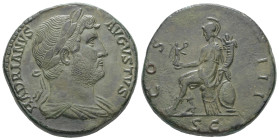 Hadrian, AD 117-138. AE, Sestertius. 25.25 g. 31.91 mm. Rome.
Obv: HADRIANVS AVGVSTVS. Bust of Hadrian, laureate, draped, right.
Rev: COS III, S C. Ro...