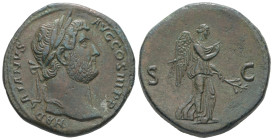 Hadrian, AD 117-138. AE, Sestertius. 25.90 g. 31.81 mm. Rome.
Obv: HADRIANVS AVG COS III P P. Laureate head of Hadrian, right.
Rev: S C. Nemesis-Victo...