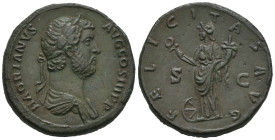 Hadrian, AD 117-138. AE, Sestertius. 25.12 g. 32.98 mm. Rome. 
Obv: HADRIANVS AVG COS III P P. Laureate, draped bust of Hadrian right. 
Rev: FELICITAS...