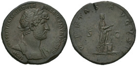 Hadrian, AD 117-138. AE, Sestertius. 23.58 g. 34.79 mm. Rome. 
Obv: IMP CAESAR TRAIAN HADRIANVS AVG P M TR P COS III. Laureate head of Hadrian, right....