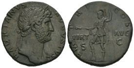 Hadrian, AD 117-138. AE, Sestertius. 22.75 g. 31.36 mm. Rome.
Obv: HADRIANVS AVGVSTVS. Laureate bust of Hadrian right, with slight drapery.
Rev: P M T...