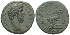 Lucius Aelius as Caesar, AD 136-138. AE, Sestertius. 23.41 g. 33.05 mm. Rome.
Obv: L AELIVS CAESAR. Head of Lucius Aelius Caesar, right.
Rev: TR POT C...