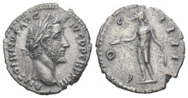 Antoninus Pius, AD 138-161. AR, Denerius. 3.48 g. 17.66 mm. Rome.
Obv: ANTONINVS AVG PIVS P P TR P XIII. Laureate head of Antoninus Pius, right.
Rev: ...