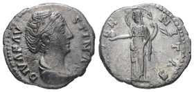 Diva Faustina, Died AD 140/1. AR, Denarius. 3.00 g. 18.04 mm. Rome.
Obv: DIVA FAVSTINA. Bust of Faustina I, draped, right, hair elaborately waved in s...