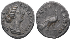 Diva Faustina, died 140/1. AR, Denarius. 3.08 g. 17.75 mm. Rome.
Obv: DIVA FAVSTINA. Bust of Faustina I, draped, right, hair elaborately waved in seve...
