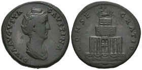 Diva Faustina, Died AD 140/1. AE, Sestertius. 24.28 g. 32.18 mm. Rome.
Obv: DIVA AVGVSTA FAVSTINA. Bust of Faustina the Elder, draped, right, hair ela...