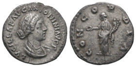 Lucilla, AD 164-169. AR, Denarius. 2.81 g. 17.79 mm. Rome.
Obv: LVCILLAE AVG ANTONINI AVG F. Bust of Lucilla, bare-headed, hair waved and fastened in ...
