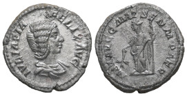 Julia Domna, AD 193-217. AR, Denarius. 3.00 g. 19.61 mm. Rome.
Obv: IVLIA PIA FELIX AVG. Bust of Julia Domna, hair elaborately waved in ridges and tur...