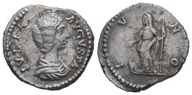 Julia Domna, AD 193-211. AR, Denarius. 2.53 g. 18.74 mm. Rome.
Obv: IVLIA AVGVSTA. Bust of Julia Domna, hair waved and coiled at back, draped, right.
...