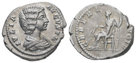 Julia Domna, AD 193-217. AR, Denarius. 3.44 g. 19.09 mm. Rome.
Obv: IVLIA AVGVSTA. Bust of Julia Domna, hair waved and coiled at back, draped, right.
...