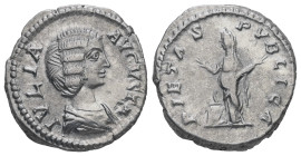 Julia Domna, AD 193-217. AR, Denarius. 3.46 g. 18.70 mm. Rome.
Obv: IVLIA AVGVSTA. Bust of Julia Domna, hair waved and coiled at back, draped, right.
...