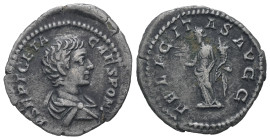 Geta as Caesar, AD 198-209. AR, Denarius. 2.83 g. 19.97 mm. Rome.
Obv: P SEPT GETA CAES PONT. Bust of Geta, bare-headed, draped, right.
Rev: FELICITAS...