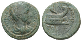 Thrace, Coela. Commodus, AD 177-192. AE. 3.52 g. 18.05 mm.
Obv: Laureate, draped and cuirassed bust of Commodus, right.
Rev: Prow, right, above, cornu...