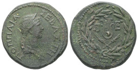 Thrace, Perinthus. Poppaea, 62-65 AD. AE. 13.48 g. 26.46 mm.
Obv: ΠΟΠΠΑΙΑ ΣΕΒΑΣΤΗ. Bust of Poppaea, right.
Rev: ΠΕ. Headdress of Isis within laurel wr...