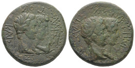 Kings of Thrace. Rhoemetalkes I and Pythodoris, circa 11 BC-AD 12, with Augustus and Livia. AE. 13.67 g. 26.43 mm.
Obv: ΒΑΣΙΛΕΩΣ ΡΟΙΜΗΤΑΛΚΟΥ. Jugate h...