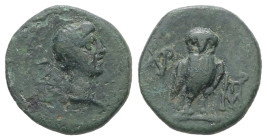 Troas, Ilium. Augustus, 27 BC-AD 14. AE. 1.80 g 13.35 mm.
Obv: IΛI. Bare head of Augustus right.
Rev: Owl standing slightly right, head facing; monogr...