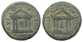 Mysia, Pergamum. Divus Trajan, Died 117 AD. Pollion, strategos. AE. 3.79 g. 17.05 mm.
Obv: ΑΥΓΟΥϹΤΟϹ ΠΕΡΓΑ. Temple with four columns of Augustus on po...