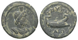 Ionia, Smyrna. Pseudo-autonomous. Time of Septimius Severus (AD 193-211). AE. 3.14 g. 17.44 mm.
Obv: Draped bust of Sarapis, right.
Rev: ΣΜΥΡΝΑΙΩ. Shi...