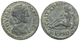 Lydia, Saitta. Julia Mamaea, AD 222-235. AE. 6.40 g. 21.40 mm.
Obv: ΙΟΥ ΜΑΜΑΙΑ ϹΕΒ. Diademed and draped bust of Julia Mamaea, right.
Rev: ϹΑΙΤΤΗΝΩΝ ΕΡ...