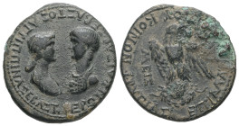Phrygia, Apameia. Nero with Agrippina II, AD 54-68. AE. 7.67 g. 24.94 mm. Marios Kordos, magistrate.
Obv: [ΝΕΡΩΝ ΚΑΙΣΑΡ ΣΕΒΑΣ]ΤΟΣ ΑΓΡΙΠΠΙΝΑ [ΣΕΒΑΣΤΗ]....