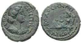 Phrygia, Colossae. Crispina, AD 178-182. AE. 4.67 g. 20.44 mm.
Obv: ΚΡΙϹΠΙΝΑ ϹΕΒΑϹΤ. Draped bust of Crispina, right.
Rev: ΚΟΛΟϹΗΝΩΝ(sic) ΛΥΚoc. River-...
