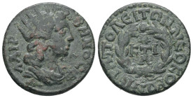 Phrygia, Hierapolis. Pseudo-autonomous, time of Elagabalus AD 218-222. AE. 6.86 g. 23.54 mm.
Obv: ΛΑΙΡΒΗΝΟϹ. Radiate and draped bust of Apollo Lairben...