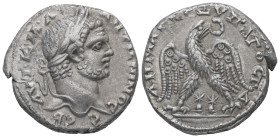 Syria, Antioch. Caracalla, AD 198-217. AR, Tetradrachm. 11.32 g. 26.94 mm.
Obv: ΑΥΤ Κ Μ Α ΑΝΤΩΝЄΙΝΟC CЄΒ. Laureate head of Caracalla, right.
Rev: ΔΗΜΑ...