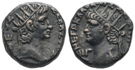 Egypt, Alexandria. Nero, with Divus Augustus. AD 66/67. BL, Tetradrachm. 13.18 g. 22.78 mm.
Obv: ΘΕΟΣ ΣΕΒΑΣΤΟΣ. Radiate head of Augustus, right.
Rev...