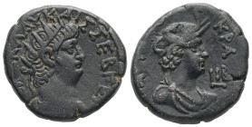 Egypt, Alexandria. Nero, AD 65/6. BL, Tetradrachm. 13.23 g. 24.43 mm.
Obv: [ΝΕΡΩ] ΚΛΑΥ ΚΑΙΣ ΣΕΒ ΓΕΡ. Radiate bust of Nero with aegis, right.
Rev: [Α...