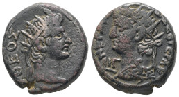Egypt, Alexandria. Nero, with Divus Augustus. AD 66/67. BL, Tetradrachm. 13.66 g. 23.77 mm.
Obv: ΘΕΟΣ ΣΕΒΑΣΤΟΣ. Radiate head of Augustus, right.
Rev...