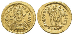 Leo I, AD 457-474. Gold, Solidus. 4.38 g. 20.26 mm. Constantinopolis.
Obv: Obv: D N LEO PERPET AVG. Bust of Leo I, helmeted, pearl-diademed, cuirassed...