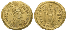 Anastasius I, AD 491-498. AV, Solidus. 4.45 g. 22.81 mm. Constantinople.
Obv: DN ANASTA-SIVS PP AVG. Helmeted and cuirassed bust three-quarter face to...