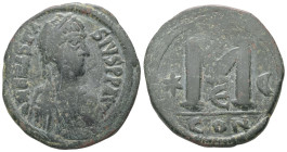 Anastasius, AD 491-518. AE, Follis. 17.12 g. 34.84 mm. Constantinople.
Rev: DNANASTA-SIVSPPAV. Bust of Anastasius I facing right with diadem, cuirass,...
