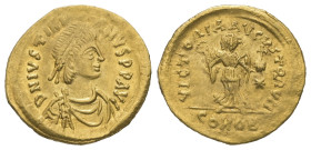 Justinian I, AD 527-565. AV, Tremissis. 1.39 g. 16.68 mm. Constantinople. 
Obv: D N IVSTINI-ANVS P P AVG Diademed, draped and cuirassed bust of Justin...